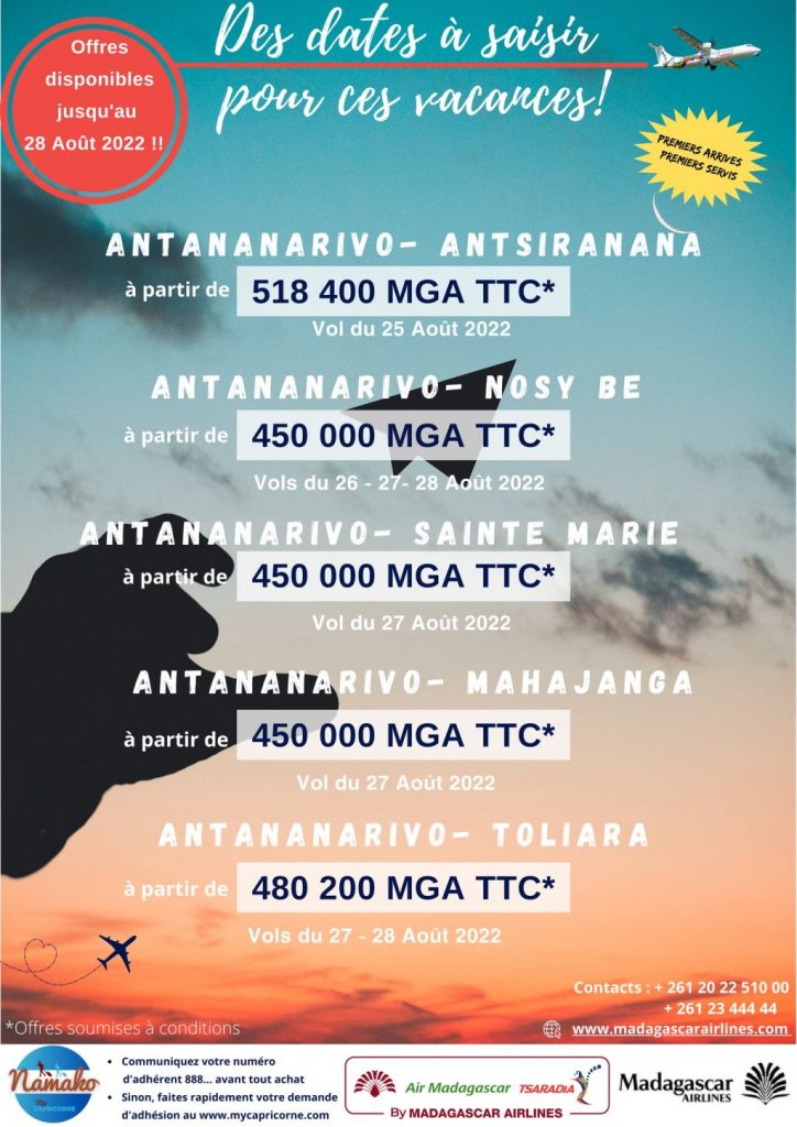 Promotions Air madagascar Aout 2022 pour les vols TANA-PARIS ou vols locaux.