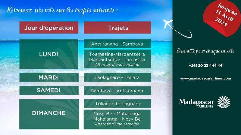 Madagascar Airlines relance les vols transversaux jusqu'au 15 avril 2024